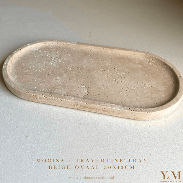 Luxe travertine  tray, ovaal 30x15cm, van MOOISA zijn een prachtige toevoeging aan jouw interieur. Supermooi, elegant, stoer & luxe. Dienblad gemaakt uit mooi natuurlijk massief beige, crème travertijn. 
