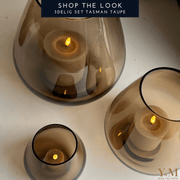Y&M Home Creations Inspiratie Set - Shop The Look -- 3 delig Tasman (PEAR) Smokey  Rookglas Windlichten - TAUPE - Windlichten - Vazen - Koop jouw set bij Y&M Home Creations - Vase The World