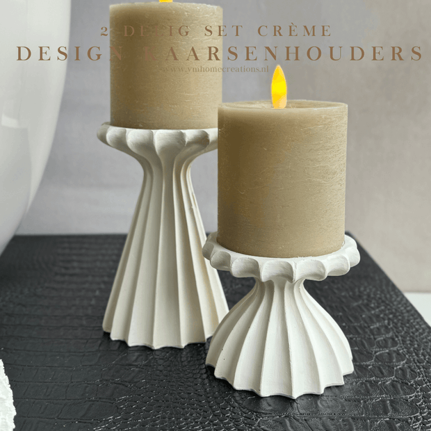 2delig set Design crème kaarsenhouders – Stijl jouw interieur af met deze prachtige, luxe design kaarsenhouders en maak het direct af met LED stompkaarsen