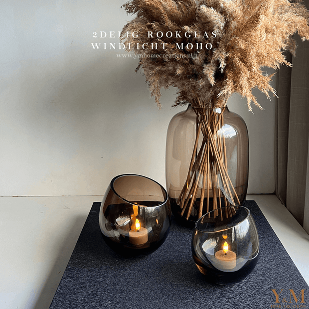 Rookglas Moho Windlicht Taupe Set 2delig - Koop het bij Y&M Home Creations – Eric Kuster – Hotel Chique stijl – Trendy – Smokey glas - Vase The World