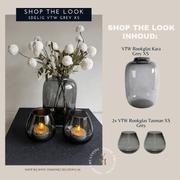 Ontdek VTW Rookglas Grey XS Shop The Look (3-delig). Rookglazen Kara vaas & Tasman windlichten van Vase The World: luxe, trendy en betaalbare woonaccessoires.