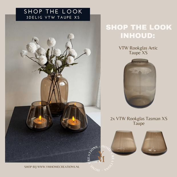 Ontdek VTW Rookglas Taupe XS Shop The Look (3-delig). Rookglazen Artic vaas & Tasman windlichten van Vase The World: luxe, trendy en betaalbare woonaccessoires.