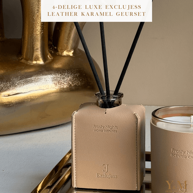 4delig LUXE EXCLUJESS SET Roomspray, Diffuser &amp; Geurkaars op een luxe gouden tray van Colmore by Diga. Shop met KORTING bij Y&M Home Creations