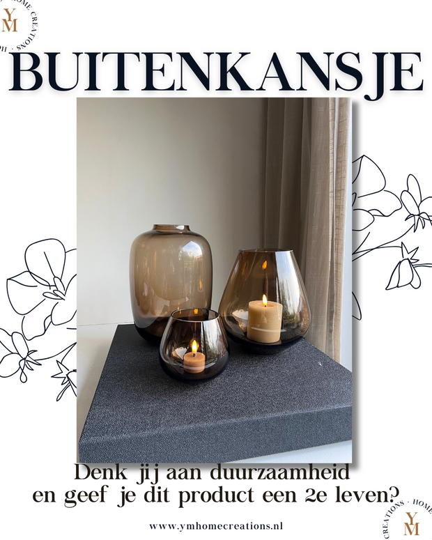 BUITENKANSJE - Y&M Shop The Look ‘SMOKEY’ - Vase The World Rookglas Set met of zonder Pampas Fluffy Pluimen – Eric Kuster – Hotel Chique stijl - Shop the Look! - Rookglas windlichten, Rookglas Vaas Taupe - Cognac 