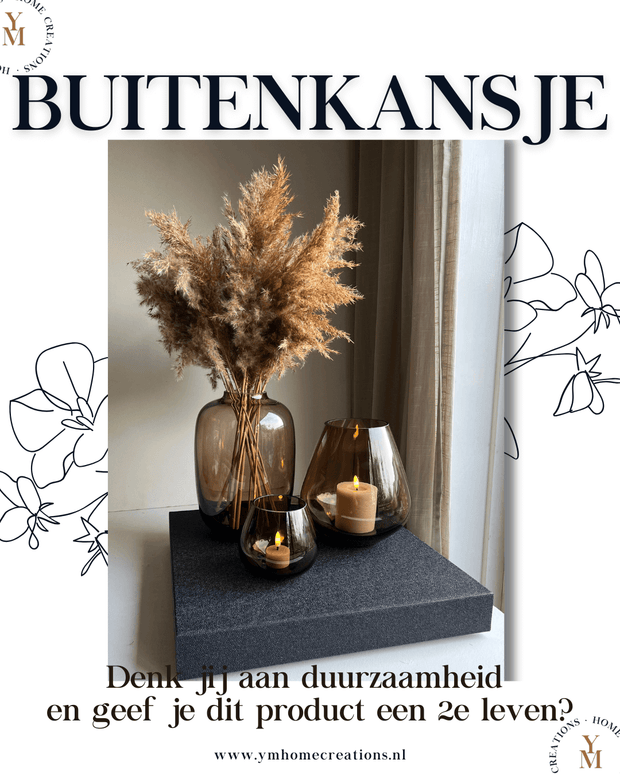BUITENKANSJE - Y&M Shop The Look ‘SMOKEY’ - Vase The World Rookglas Set met of zonder Pampas Fluffy Pluimen – Eric Kuster – Hotel Chique stijl - Shop the Look! - Rookglas windlichten, Rookglas Vaas Taupe - Cognac 