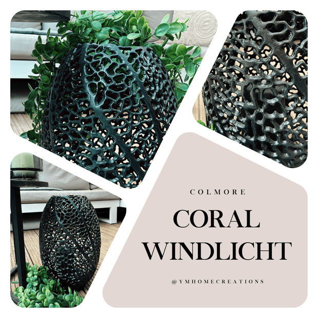 Colmore Windlicht Coral Mat Zwart Ø25x38cm. prachtige windlicht | lantaarn, van mat zwart, met een prachtige koraalstructuur dessin gemaakt van Aluminium | Metaal