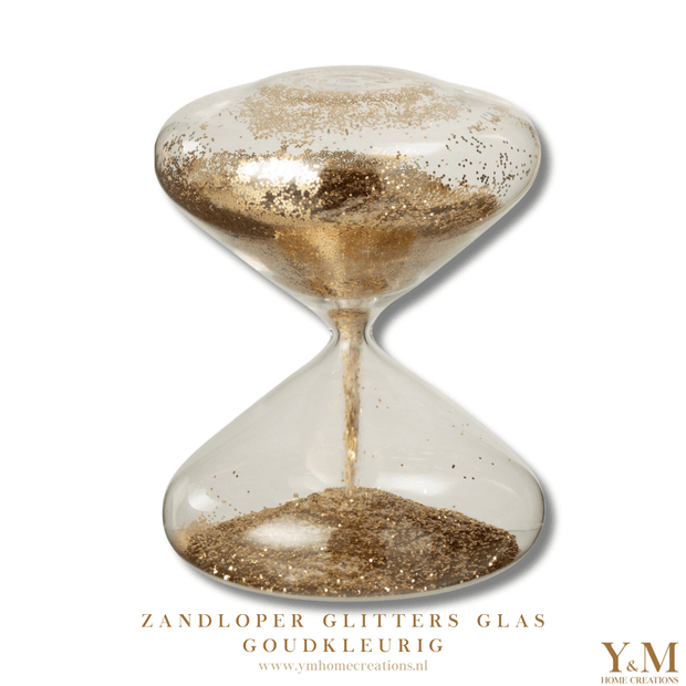 Decoratie Zandloper Goud Glitters. Eyecatcher in huis. TREND VAN NU. Mooi op plateau, op een stapel design boeken of los in een vakkenkast. 