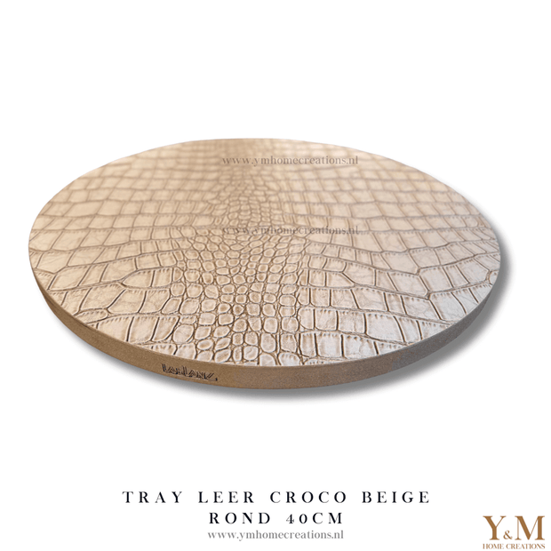 Luxe, Exclusief Crco Leer Tray beige | taupe 40cm rond. Stijl jouw luxe, trendy woonaccessoires af op een uniek dienblad | tray bij Y&M Home Creations