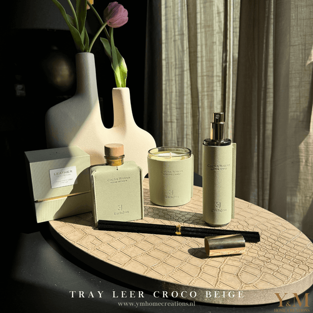 Luxe, Exclusieve Ovale Tray Croco Leer Beige | Taupe 50x30cm. Stijl jouw luxe, trendy woonaccessoires af op een uniek dienblad  tray en steel de show in jouw interieur.