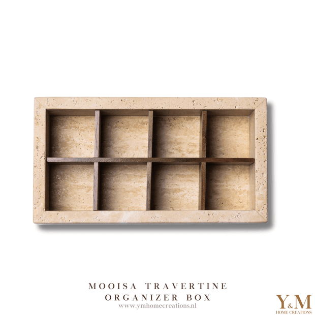 Luxe travertine organizer | opbergbak van MOOISA is een prachtige toevoeging aan jouw interieur. Supermooi, elegant, stoer & luxe. Koffie opruimbak gemaakt uit mooi natuurlijk massief beige, crème travertijn. 