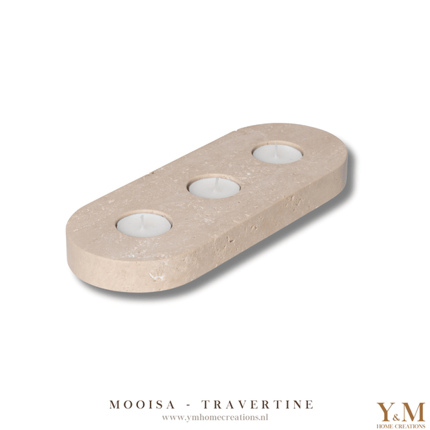 MOOISA Travertine Waxinelichthouder 3 Stuks op 1 Plateau. Prachtige toevoeging aan jouw interieur. Supermooi, elegant, stoer & luxe Kandelaar, gemaakt uit mooi natuurlijk massief beige, crème travertijn. TREND VAN NU