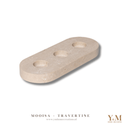 MOOISA Travertine Waxinelichthouder 3 Stuks op 1 Plateau. Prachtige toevoeging aan jouw interieur. Supermooi, elegant, stoer & luxe Kandelaar, gemaakt uit mooi natuurlijk massief beige, crème travertijn. TREND VAN NU