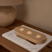 MOOISA Travertine Waxinelichthouder 3 Stuks op 1 Plateau. Prachtige toevoeging aan jouw interieur. Supermooi, elegant, stoer & luxe Kandelaar, gemaakt uit mooi natuurlijk massief beige, crème travertijn. TREND VAN NU