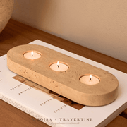 MOOISA Travertine Waxinelichthouder 3 Stuks op 1 Plateau. Prachtige toevoeging aan jouw interieur. Supermooi, elegant, stoer & luxe Kandelaar, gemaakt uit mooi natuurlijk massief beige, crème travertijn. TREND VAN NU