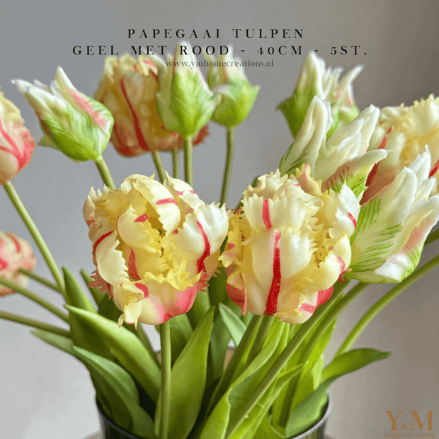 Hoog kwaliteit kunst Papegaai Tulpen bosje van 5st. 40cm, Geel met rood en wat groen. Maak jouw vaas compleet met mooie Real Touch Parot (Tulips). Zijden | Kunst bloemen. Shop bij Y&M Home Creations