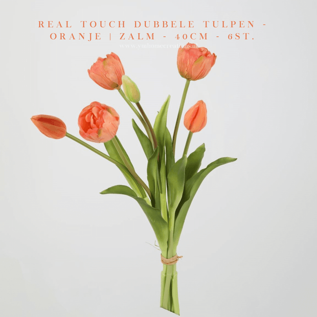 Hoog kwaliteit kunst Dubbele Tulpen bosje van 6st. 40cm, Oranje, Zalm, Coral. Maak jouw vaas compleet met mooie Real Touch PioenTulpen (Tulips). Zijden | Kunst bloemen. Shop bij Y&M Home Creations