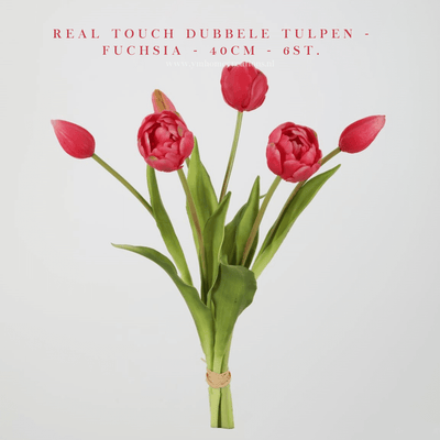 Hoog kwaliteit kunst Dubbele Tulpen bosje van 6st. 40cm, Fuchsia. Maak jouw vaas compleet met mooie Real Touch PioenTulpen (Tulips). Zijden | Kunst bloemen. Shop bij Y&M Home Creations