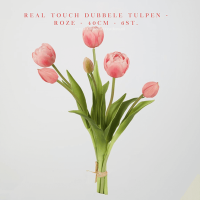 Hoog kwaliteit kunst Dubbele Tulpen bosje van 6st. 40cm, Roze. Maak jouw vaas compleet met mooie Real Touch PioenTulpen (Tulips). Zijden | Kunst bloemen. Shop bij Y&M Home Creations