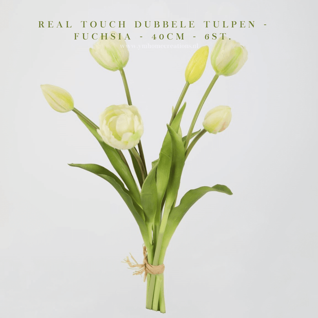 Hoog kwaliteit kunst Dubbele Tulpen bosje van 6st. 40cm, Wit. Maak jouw vaas compleet met mooie Real Touch PioenTulpen (Tulips). Zijden | Kunst bloemen. Shop bij Y&M Home Creations