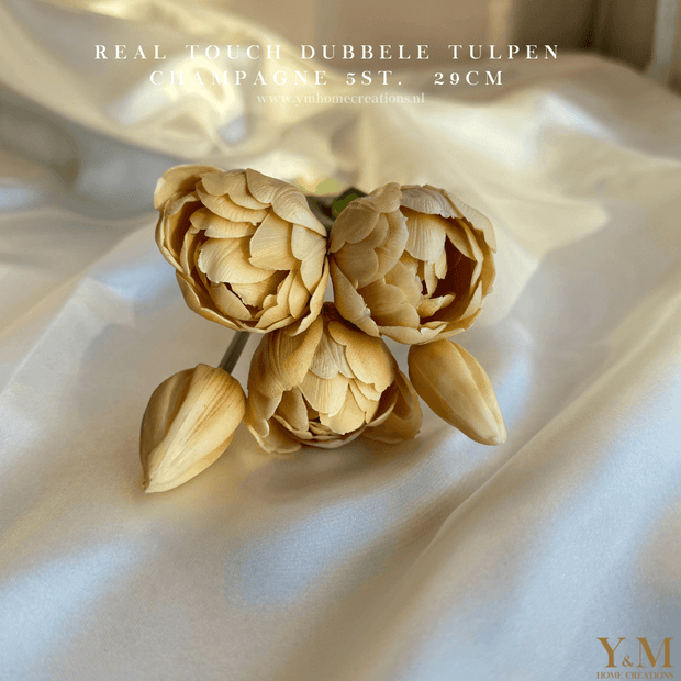 Hoog kwaliteit kunst Dubbele Tulpen bosje van 5st. 29cm, Champagne. Maak jouw vaas compleet met mooie Real Touch PioenTulpen (Tulips). Zijden | Kunst bloemen. Shop bij Y&M Home Creations