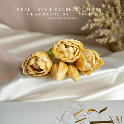 Hoog kwaliteit kunst Dubbele Tulpen bosje van 5st. 29cm, Champagne. Maak jouw vaas compleet met mooie Real Touch PioenTulpen (Tulips). Zijden | Kunst bloemen. Shop bij Y&M Home Creations