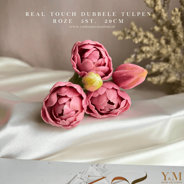 Hoog kwaliteit kunst Dubbele Tulpen bosje van 5st. 29cm, Roze. Maak jouw vaas compleet met mooie Real Touch PioenTulpen (Tulips). Zijden | Kunst bloemen. Shop bij Y&M Home Creations