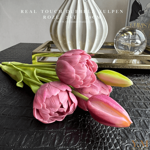 Hoog kwaliteit kunst Dubbele Tulpen bosje van 5st. 29cm, Roze. Maak jouw vaas compleet met mooie Real Touch PioenTulpen (Tulips). Zijden | Kunst bloemen. Shop bij Y&M Home Creations