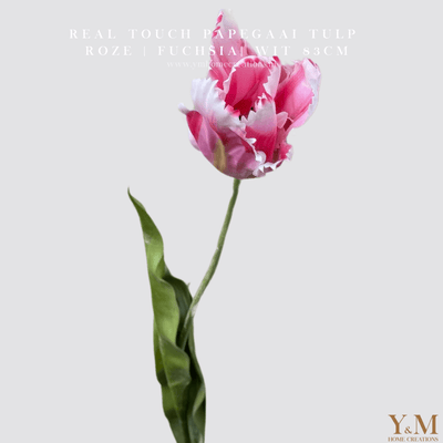 Hoog kwaliteit kunst Tulp Zijden Papegaai Tulp 83cm Roze Fuchsia Wit. Maak jouw vaas compleet met mooie Real Touch Tulpen (Tulips). Zijden | Kunst bloemen. Shop bij Y&M Home Creations
