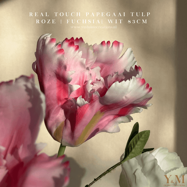 Hoog kwaliteit kunst Tulp Zijden Papegaai Tulp 83cm Roze Fuchsia Wit. Maak jouw vaas compleet met mooie Real Touch Tulpen (Tulips). Zijden | Kunst bloemen. Shop bij Y&M Home Creations
