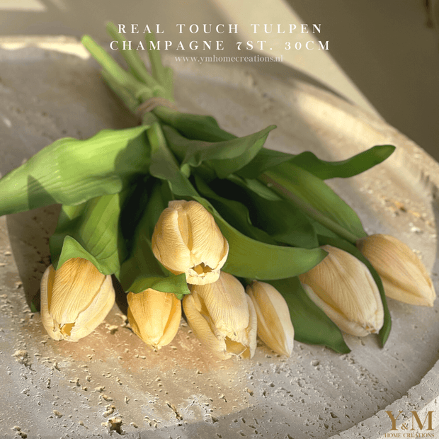 Hoog kwaliteit kunst Tulpen bos van 7st. 30cm Champagne. Maak jouw vaas compleet met mooie Real Touch Tulpen (Tulips). Zijden | Kunst bloemen - Shop bij Y&M Home Creations
