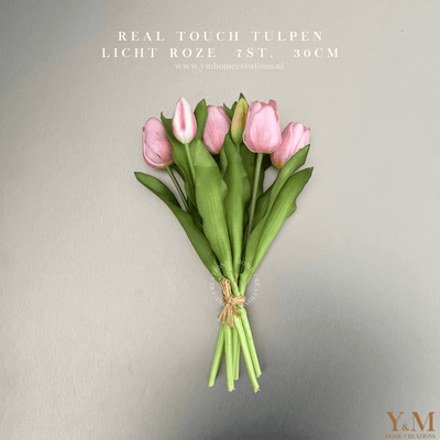 Hoog kwaliteit kunst Tulpen bos van 7st. 30cm, licht Roze. Maak jouw vaas compleet met mooie Real Touch Tulpen (Tulips). Zijden | Kunst bloemen . Shop bij Y&M Home Creations