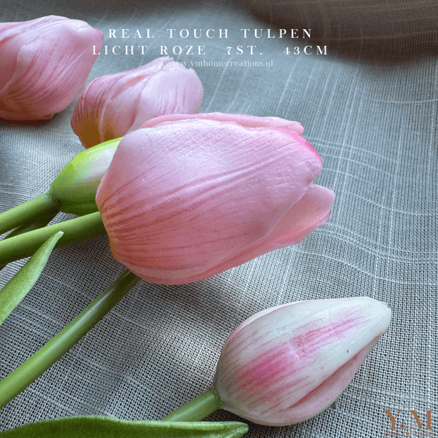 Hoog kwaliteit kunst Tulpen bos van 7st. 43cm, licht Roze. Maak jouw vaas compleet met mooie Real Touch Tulpen (Tulips). - Shop bij Y&M Home Creations - Zijden Bloemen - Voorjaarsbloemen 