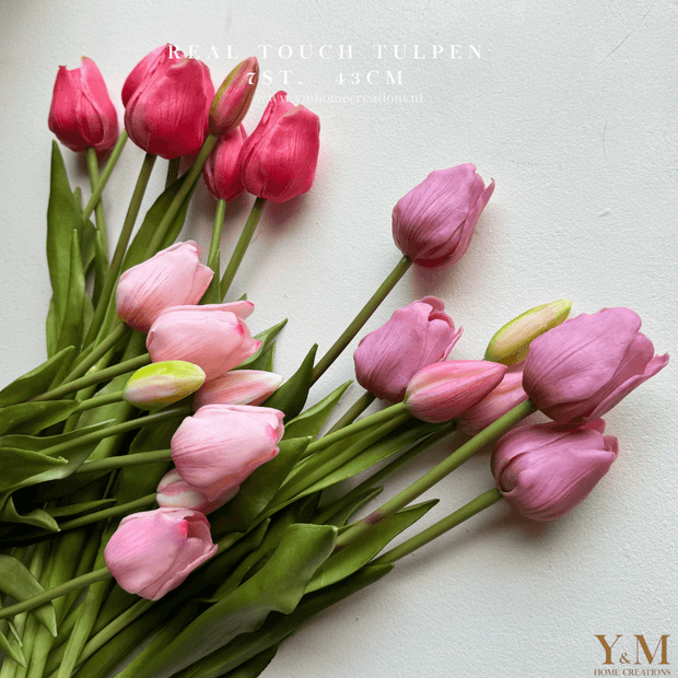 Hoog kwaliteit kunst Tulpen bos van 7st. 43cm, licht Roze. Maak jouw vaas compleet met mooie Real Touch Tulpen (Tulips). - Shop bij Y&M Home Creations - Zijden Bloemen - Voorjaarsbloemen 