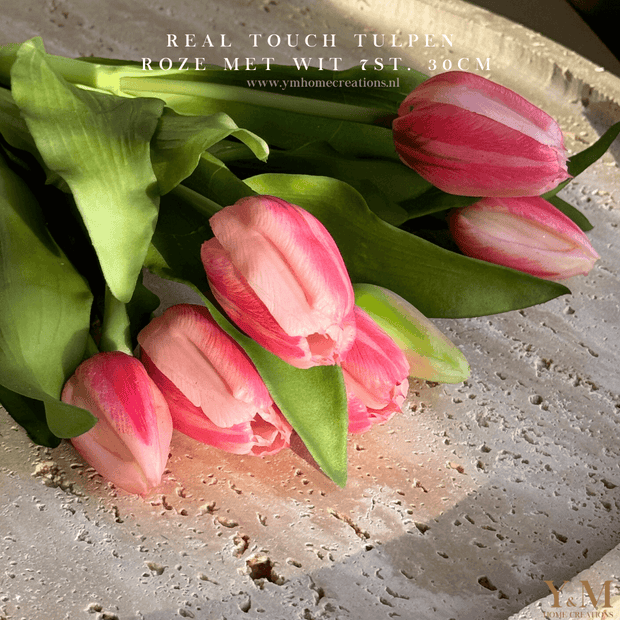 Hoog kwaliteit kunst Tulpen bos van 7st. 30cm, Roze met wit. Maak jouw vaas compleet met mooie Real Touch Tulpen (Tulips). Zijden | Kunst bloemen - Shop bij Y&M Home Creations