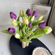 Hoog kwaliteit kunst Zijden Real Touch Tulpen 7st. 30cm, Wit | Crème & Donker Paars. Maak jouw vaas compleet met mooie Real Touch Tulpen (Tulips). Zijden | Kunst bloemen. Shop bij Y&M Home Creations