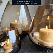 Y&M Home Creations Inspiratie Set - Shop The Look -- 3 delig Tasman (PEAR) Smokey  Rookglas Windlichten - TAUPE - Windlichten - Vazen - Koop jouw set bij Y&M Home Creations - Vase The World