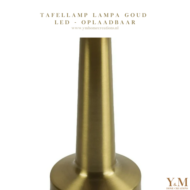 Gouden Design Tafellamp Lampa, hoogwaardige kwaliteit, oplaadbaar d.m.v. een USB, dimbaar, 3 kleur intensiviteit & draadloos. “Een betaalbare 'chique' lamp!” Zoals in een vakkenkast, op een dressoir. Mooie leeslamp, bureaulamp, nachtlamp