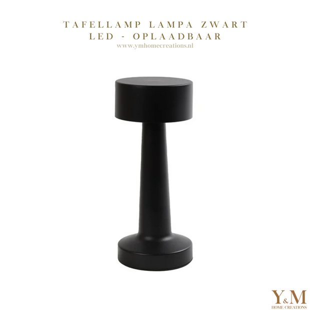 Zwarte Design Tafellamp Lampa, hoogwaardige kwaliteit, oplaadbaar d.m.v. een USB, dimbaar, 3 kleur intensiviteit & draadloos. “Een betaalbare 'chique' lamp!” Zoals in een vakkenkast, op een dressoir. Mooie leeslamp, bureaulamp, nachtlamp