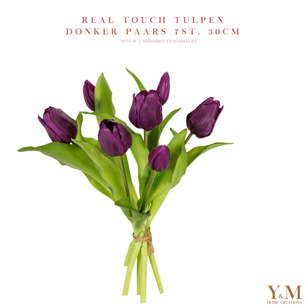 Hoog kwaliteit kunst Zijden Real Touch Tulpen 7st. 30cm, Donker Paars. Maak jouw vaas compleet met mooie Real Touch Tulpen (Tulips). Zijden | Kunst bloemen. Shop bij Y&M Home Creations