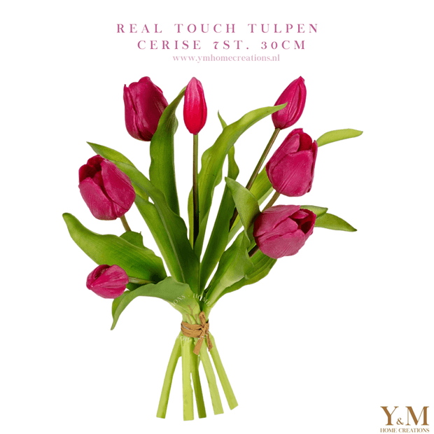 Hoog kwaliteit kunst Zijden Real Touch Tulpen 7st. 30cm, Cerise. Maak jouw vaas compleet met mooie Real Touch Tulpen (Tulips). Zijden | Kunst bloemen. Shop bij Y&M Home Creations