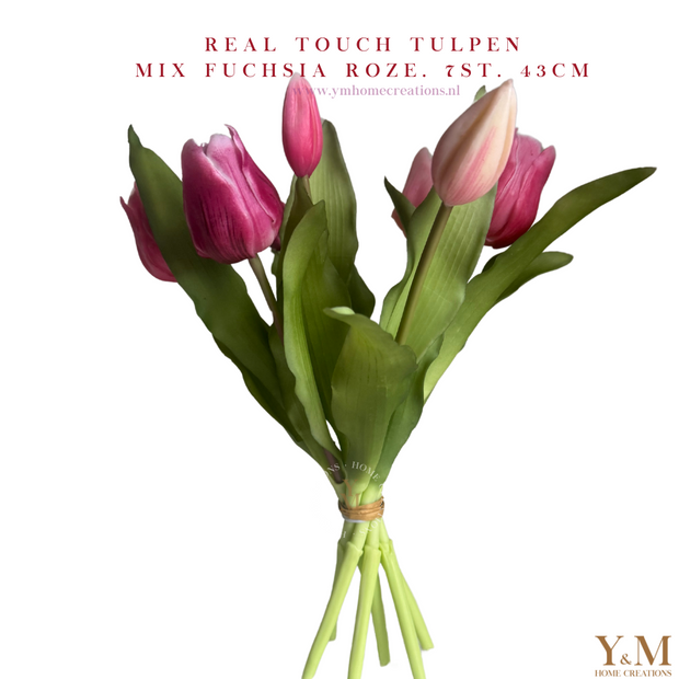 Hoog kwaliteit kunst Zijden Real Touch Tulpen 7st. 43cm, Fuchsia Roze. Maak jouw vaas compleet met mooie Real Touch Tulpen (Tulips). Zijden | Kunst bloemen. Shop bij Y&M Home Creations