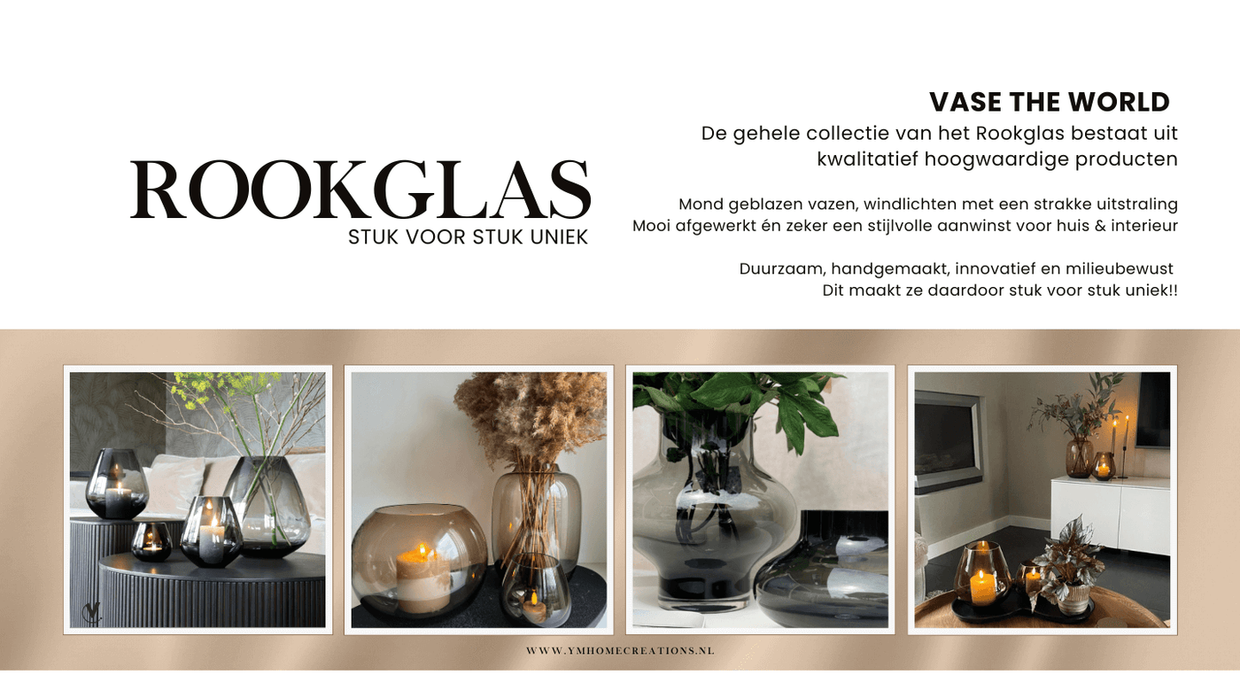 Rookglas - Shop jouw trendy, luxe, stijlvolle Rookglas / Smokeyglas woonaccessoires zoals vazen, windlichten (o.a. Tasman) bij Y&M Home Creations 