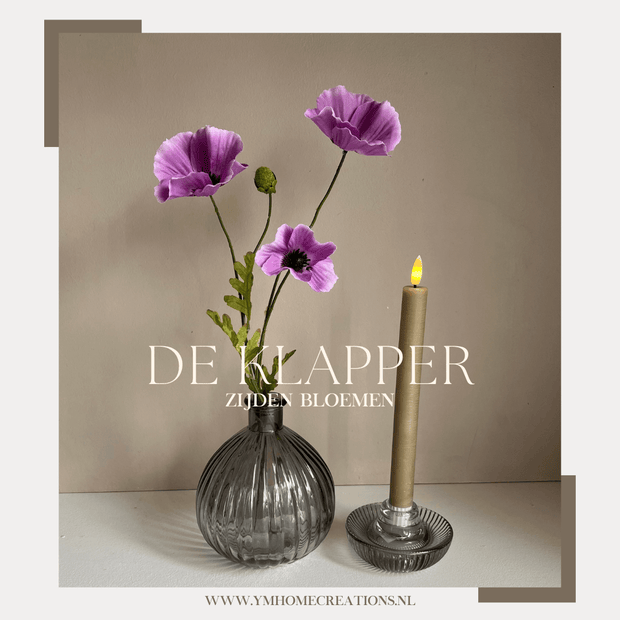 Zijden Bloem SET  -  DE KLAPPER - Hoog kwaliteit Zijdenbloem Klaproos, Silk Flowers, Kunstbloem met vaas & kaarsenhouder.