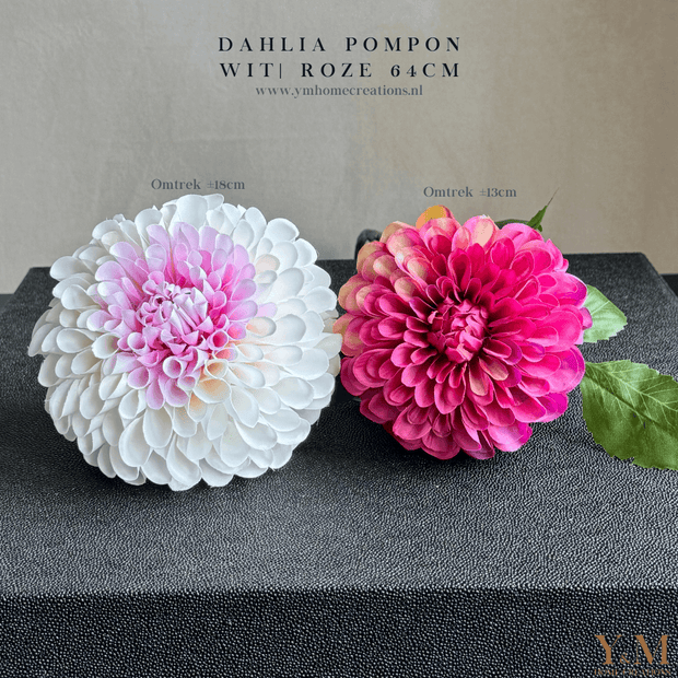 Hoog kwaliteit kunst Zijden Grote Dahlia Pompon 64cm Wit met Roze. Maak jouw vaas compleet met deze mooie, bijna niet van echt te onderscheiden Dahlia  Zijden | Kunst bloemen. Shop bij Y&M Home Creations