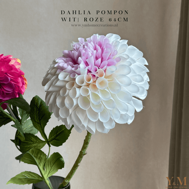 Hoog kwaliteit kunst Zijden Grote Dahlia Pompon 64cm Wit met Roze. Maak jouw vaas compleet met deze mooie, bijna niet van echt te onderscheiden Dahlia  Zijden | Kunst bloemen. Shop bij Y&M Home Creations