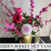 Zijden Boeket met Vaas - Beauty Pink met VTW Artic Gold M - Shop bij Y&M Home Creations. "Een stijlvolle, complete vaas met prachtig zijden bloemen, voor op een bijzondere plek!"