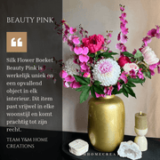 Zijden Boeket met Vaas - Beauty Pink met VTW Artic Gold M - Shop bij Y&M Home Creations. "Een stijlvolle, complete vaas met prachtig zijden bloemen, voor op een bijzondere plek!"