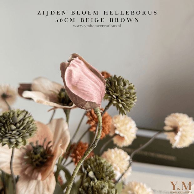 Zijden Helleborus bloem in beige-taupe van 56 cm – decoratieve kunstbloem voor interieur, perfect te combineren met PomPom takken.