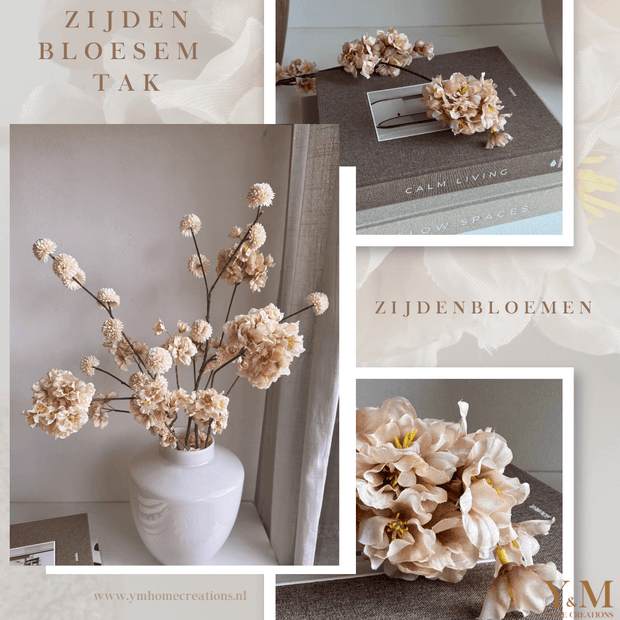 Zijden Tak - Japanse Bloesem Prunus Cappuccino | Licht Taupe | Champagne 84cm - Shop bij Y&M Home Creations Laat je interieur shinen met deze prachtige, stijlvolle Japanse zijden kersen bloesemtakken!  