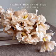 Zijden Tak - Japanse Bloesem Prunus Cappuccino | Licht Taupe | Champagne 84cm - Shop bij Y&M Home Creations Laat je interieur shinen met deze prachtige, stijlvolle Japanse zijden kersen bloesemtakken!  